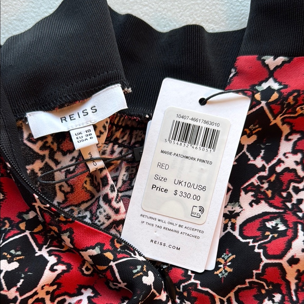 REISS Maisie Patchwork Long Sleeve Printed Blouse Black & Red Career Size 6 - Picture 12 of 14